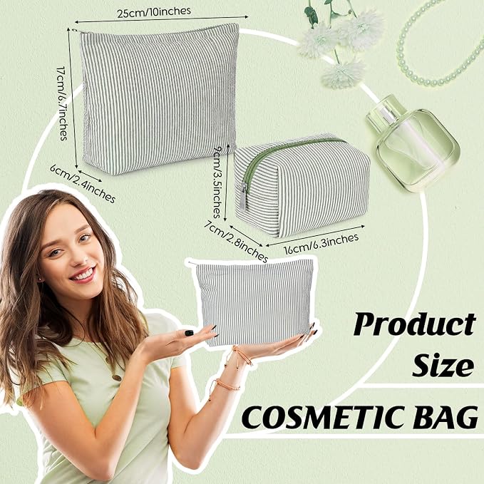 Huhumy 2 Pcs Makeup Bag Set for Women, Bean Green, Thin Striped Seersucker | Cute Cosmetic Pouch Women Travel Toiletry Bag Preppy Small Makeup Purse Pouch Aesthetic Skincare Brushes Storage Organizer
