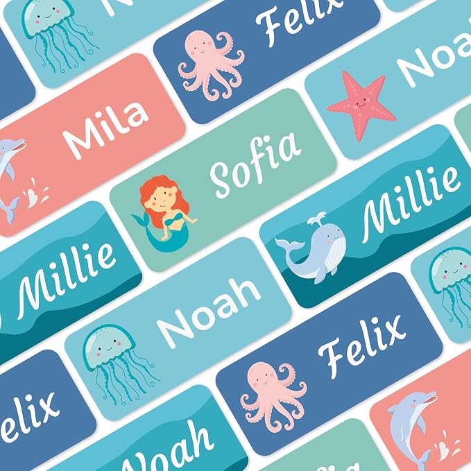 Personalized Name Labels for Kids (210), Custom Daycare Labels - Waterproof Name Stickers for Clothing, Bottles and Other School Supplies (1.2” x 0.5”) - Sea