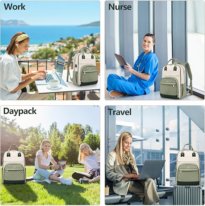 Laptop Backpack for Women Work Bag - 15.6 inch Travel Backpack with USB Charger College Bookbag Waterproof Business Computer Backpack Anti-theft Casual Backpacks for Nurse Teacher Beige Light Green