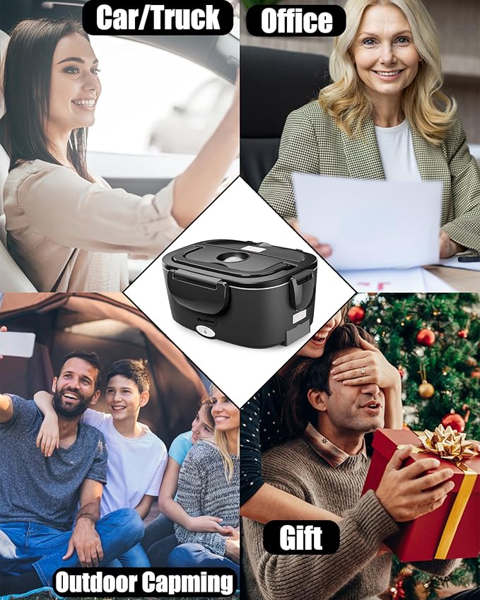 Buddew Electric Heated Lunch Box, 80W Fast Heating with Dual 1.5L Food-Grade 304 Stainless Steel, 12V/24V/110V Portable Food Warmer for Car Truck Office Adults, Lonchera Electrica Portatil (Black)