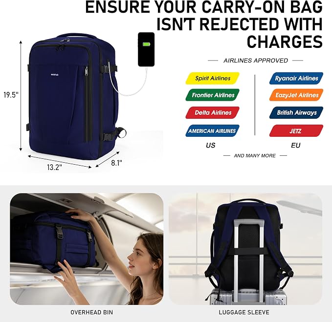 ECOHUB Extra Large Travel Backpack Carry on Backpack for Airplanes Blue | 19.5x13x8 Laptop Backpack TSA Friendly 30L Backpack fits 17.3" Computer Airplane Travel Essentials Water Resistant Back pack