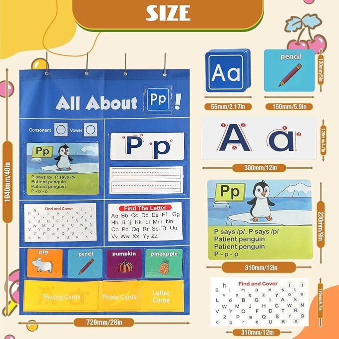 Alphabet Learning Pocket Chart, 41 * 28 Inch All About Letter Pocket Chart, ABC Letter Tracing & Sound Recognition Activity Wall Chart for Toddlers, Preschool & Homeschool Classroom Must Haves
