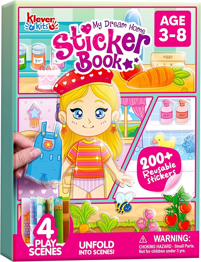 JOVA Klever Kits Reusable Sticker Book for Kids, My Dream Home 4 Play Scenes with 200+ Washable Stickers Plane Activity for Toddler Aged 3 4 5 6 7 8 Girls and Boys Birthday Gift