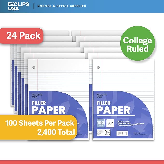 Loose Leaf Paper College Ruled Notebook Paper College Ruled Lined Writing Filler Paper 10.5” x 8” 2400 Sheets 100 Sheets Per Pack 60 gsm (24 Pack)