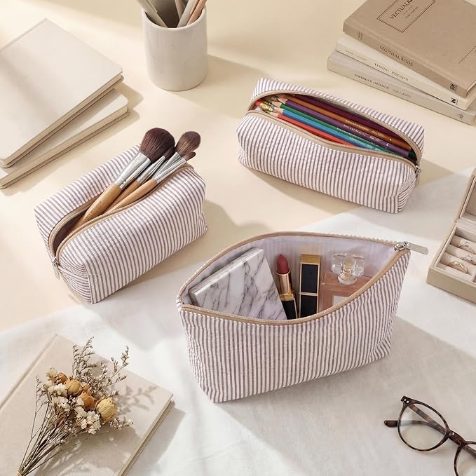 Huhumy 3 Pcs Makeup Bag Set Cute Stripe Cosmetic Pouch for Women Aesthetic Seersucker Travel Toiletry Bag Set Preppy Small Makeup Purse Pouch Cosmetic Organizer Pencil Case with Zipper(Khaki)