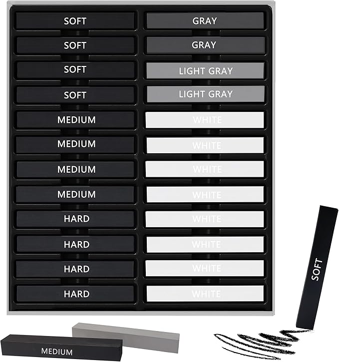 24 Pcs Compressed Charcoal Sticks with Soft, Medium, Hard and White Charcoal, Square Charcoal Stick Kit for Drawing, Sketching and Shading (12 Black + 4 Gray + 8 White)