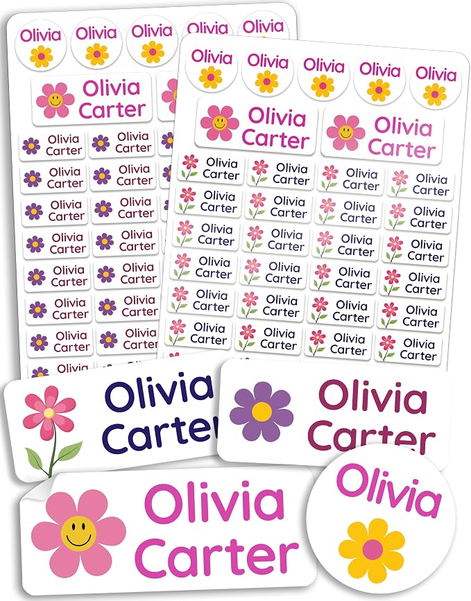 Personalized Daycare Name Labels for Kids [140pcs, Flowers] - Waterproof Name Stickers for School, Baby Bottles & Clothing - Custom Name Stickers - Washable Stick On Labels (Various Sizes) | Self adhesive and machine washable, name labels for kindergar...