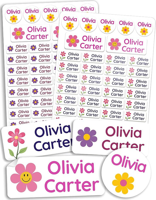 Personalized Daycare Name Labels for Kids [70pcs, Flowers] - Waterproof Name Stickers for School, Baby Bottles & Clothing - Custom Name Stickers - Washable Stick On Labels (Various Sizes)