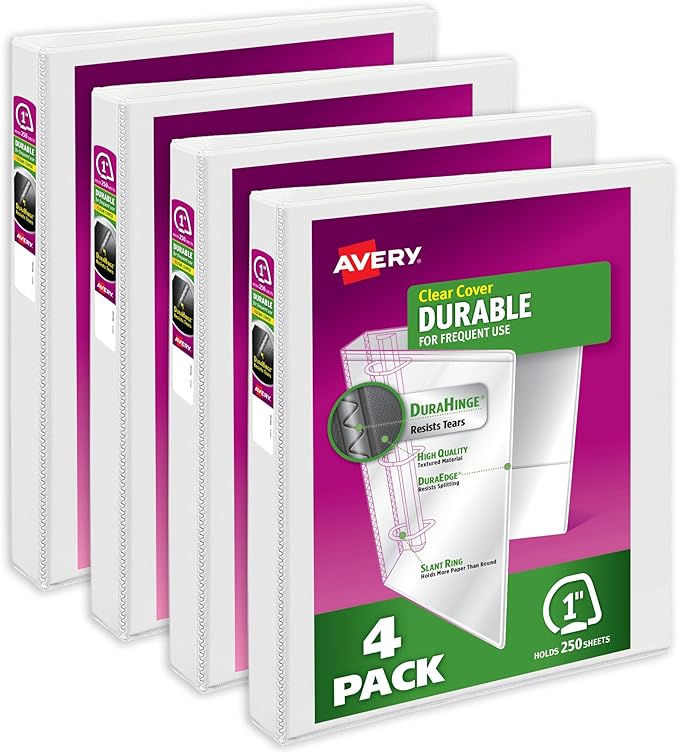 Avery Durable View 3 Ring Binders for Home, School Supplies, Office, or Organization Needs, 1" Slant Ring, 4 Pack White Binders (17575)