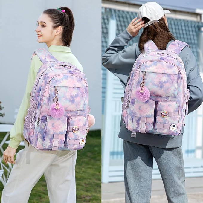 Hidds Laptop Backpacks 15.6 Inch College Backpack Elementary Middle High School Book Bag Cute Bookbags Anti Theft Travel Back Pack Casual Daypack Kids for Teens Girls Women Students (Tie-Dye Purple)