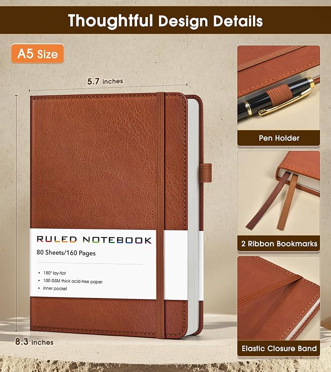 Lined Journal Notebook, A5 Hardcover Leather Journals for Writing, 160 Numbered Pages, 5.7'' x 8.3'' Journaling Notebooks for Men Women, Thick Paper College Ruled Journal for Work Office School, Brown