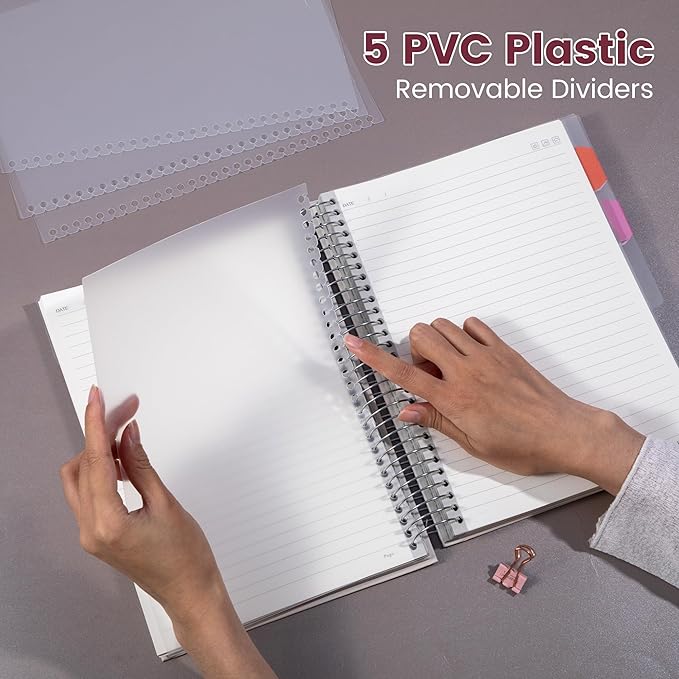 Yoment 5 Subject Notebook College Ruled, 300 Pages Spiral Notebook with Removable Divider Tabs，Hardcover 8 x 10 Inches College Ruled Journal 1 Inner Pocket for School College Work Office Home,Red