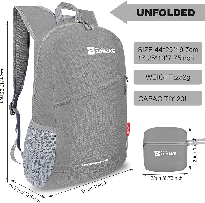ZOMAKE Lightweight Packable Backpack 20L, Foldable Small Daypack for Hiking | Water Resistant Backpacks Day Bag for Travel Outdoor Camping Sport, Everyday Carry, Multi Compartment Storage(Silver Grey)