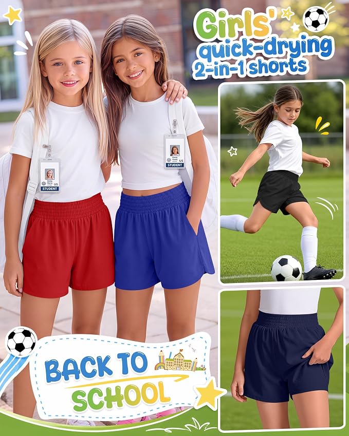 4 Pack Girls Athletic Shorts 2 in 1 Quick Dry High Waist Tween Shorts with Liner Kids Back to School Running Shorts