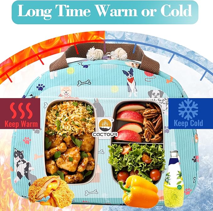 CaCTOUR Lunch Box for Women Girls Teens,Cute Lunch Box Cooler Bag, Portable Insulated Small Lunch Bag Women Reusable Corduroy Lunch Tote for Work/Travel/Picnic/School (Dog Green,Small)