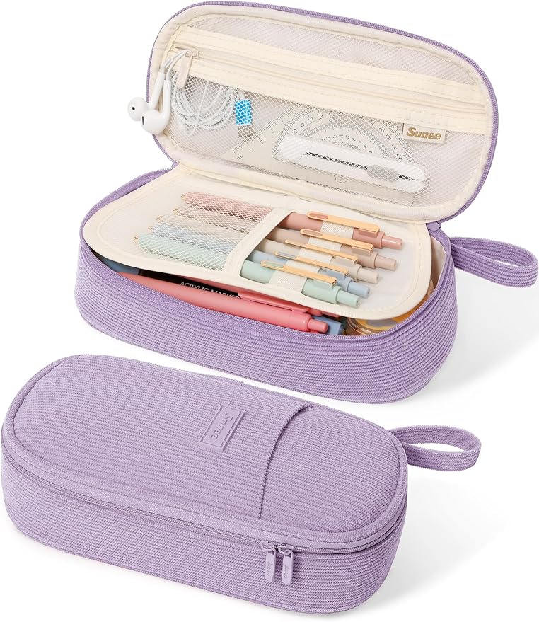 SUNEE Cute Pencil Case, Large Pencil Pouch, Soft Corduroy Fabric Big Pencil Bag with Zipper, Kawaii Pen Bag Stationery Storage and Organizer, School Supplies for Teen, Student, Boys,Girls, Soft Purple