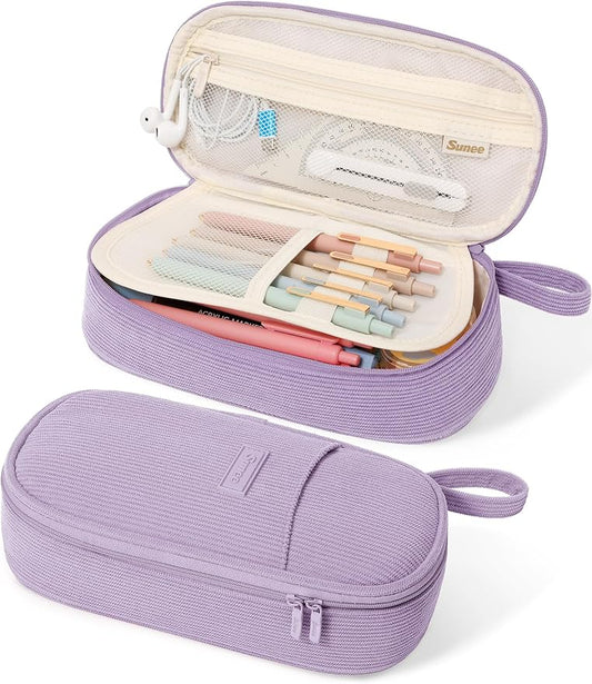 SUNEE Cute Pencil Case, Large Pencil Pouch, Soft Corduroy Fabric Big Pencil Bag with Zipper, Kawaii Pen Bag Stationery Storage and Organizer, School Supplies for Teen, Student, Boys,Girls, Soft Purple