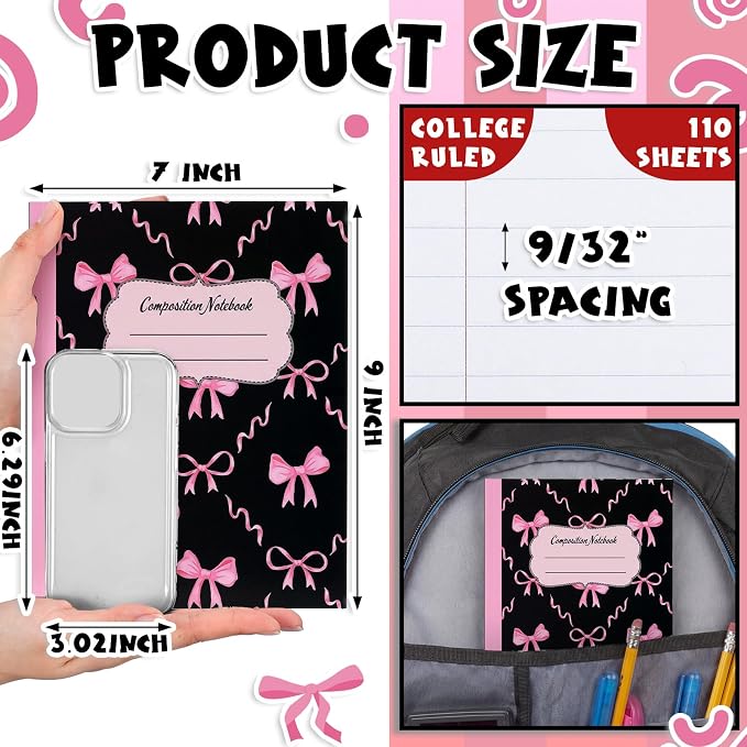 Fullhawl 6 Pack Composition Notebook College Ruled Bulk Black Pink Bow Composition Notebook Preppy Aesthetic for Back to School Supplies 110 Pages 9-3/4 x 7-1/2" Journal for First Day of School Office