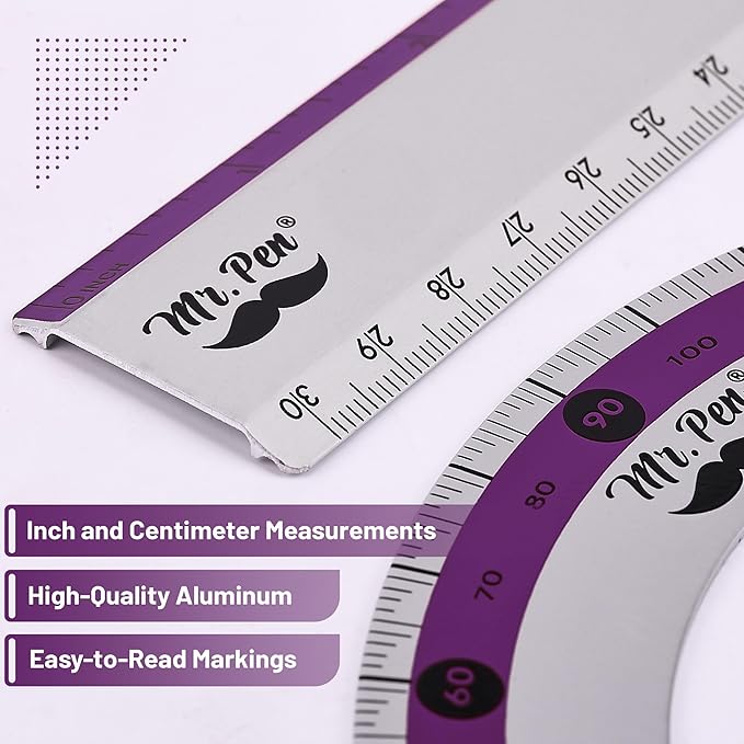 Mr. Pen- Metal Geometry Kit, 4 Pack, 45° & 30°/60° Set Squares, 6" Protractor & 12" Ruler, Durable Metal Drafting Tools for Technical Drawing, Math, Engineering & Architecture
