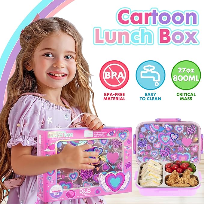 Stainless Steel Bento Lunch Box for Kids, 800ml/27oz BPA-Free Leak-Proof Food Containers with 3 Compartments, Freezer & Dishwasher Safe, Back to School Students Lunches Size for Ages 3-7