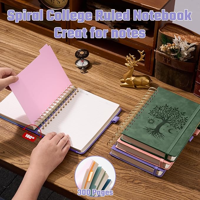Ovesmusl Hardcover Spiral Notebook 6.1" x 8.4" with 5 Removable Dividers 300 Pages Leather 5 Subject Notebook College Ruled 100GSM Large Spiral Notebooks for Work Thick Lined Journal for Women, Purple