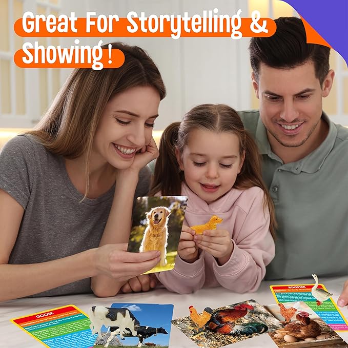 12 PCS Farm Animal Figurines with 12 Introducing Flashcards, Realistic Farm Animals Playset Montessori Toys Science Educational Matching Game for Homeschool Preschool Toddler Kids