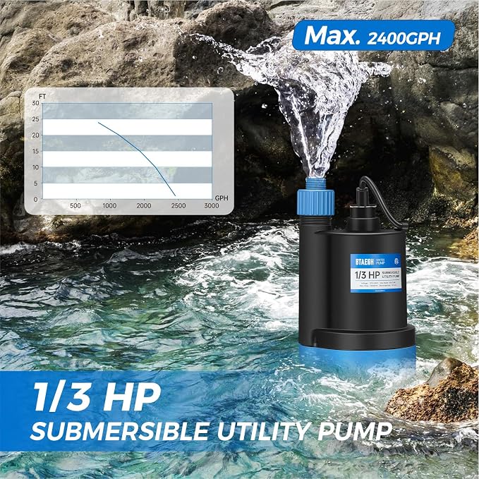 1/3 HP Submersible Water Pump 2400GPH Small Sump Pump Thermoplastic Electric Portable Transfer Utility Pump Clean for Swimming Pool Basement Garden Pond