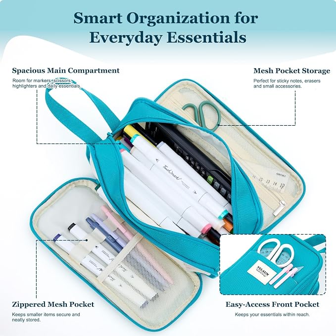 Pencil Case Pouch, Large Capacity Pencil Box Bag, Aesthetic Pen Organizer for School Supplies, Cute Preppy Stuff for Girls Boys Kids, Back to College Stationery, Teal
