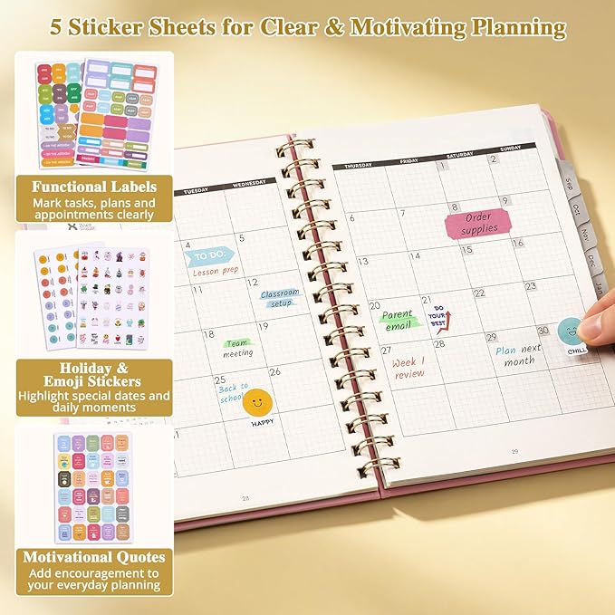 JoyCat 13-Month Academic Planner 2026-2027, June 2026 - June 2027, A5 Weekly & Monthly Planner, Hardcover Agenda with Tabs, 5 Sticker Sheets, Elastic Closure & Pocket for Teachers & Students, 6.3" x 8.5", Pink