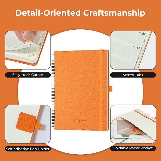 Planner 2026-2027 Daily Weekly and Monthly,8.5"x6.5",18 Months Spiral Bound Calendar Agenda with Self-adhesive Pen Holder,2026 Academic Plan with Vegan Leather Soft Cover,Orange