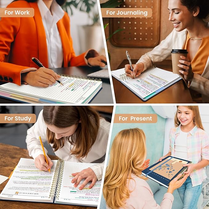 Large Spiral Lined Notebooks for Work with Removable Dividers & Tabs, 8.5"x11" Pretty Hardcover 5 Subject Notebook Journal for Women, College Ruled, Perfect for Study & Office Organization, 280 Pages, Soft Balance