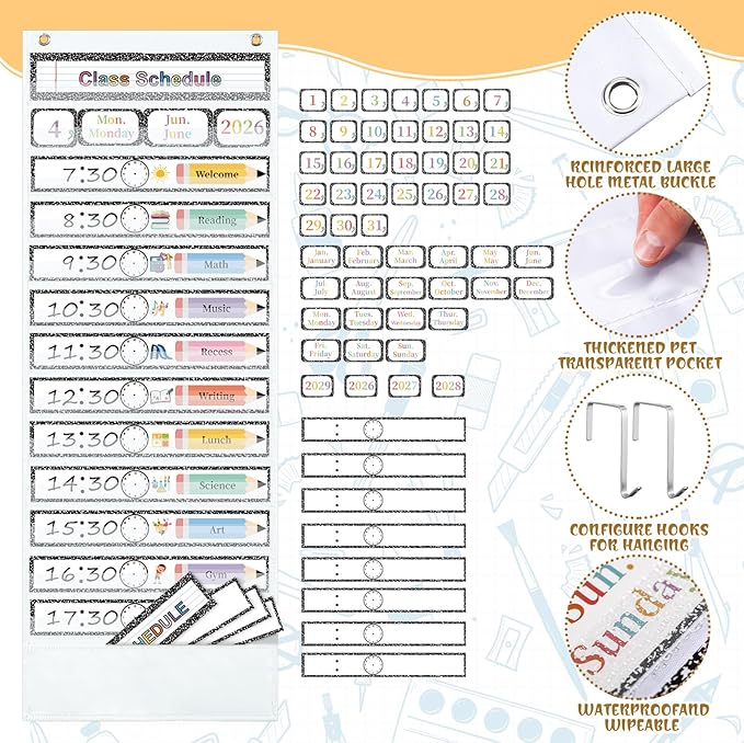 Daily Schedule Pocket Chart, 13+1 Pocket, with 77 Pcs Reusable Dry Eraser Cards Calendar Schedule Chart for Toddler Classroom Office Home Preschool Activity