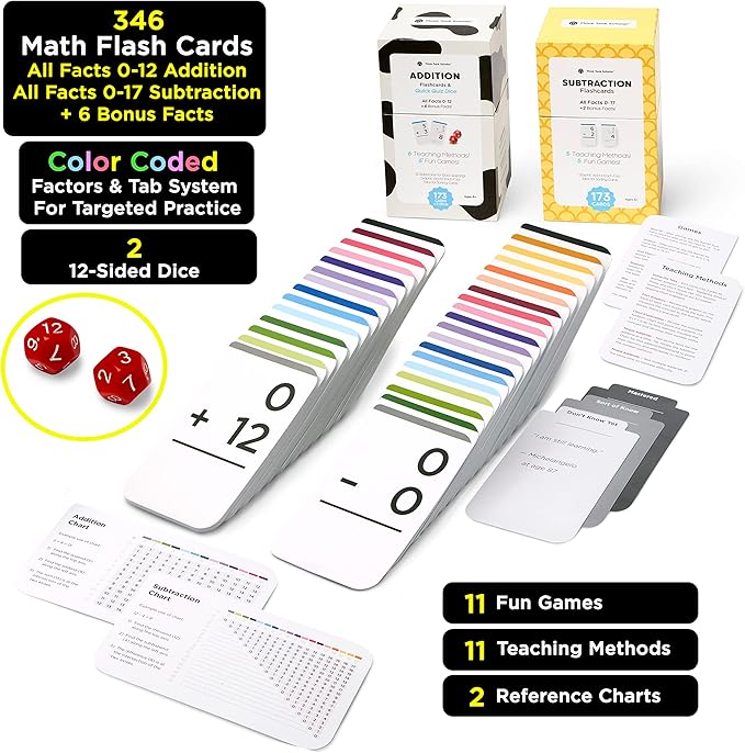Think Tank Scholar 346 Addition and Subtraction Flash Cards Set (Award Winning) All Facts Color Coded, for Kids in Kindergarten, 1st, 2nd, 3rd Grade Class or Homeschool - Games & Chart