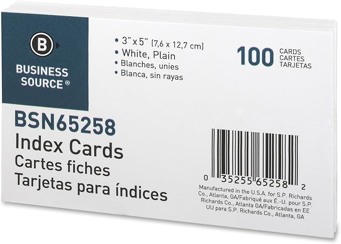 Business Source Index Cards, Plain, 3" x 5", White, 100 Count