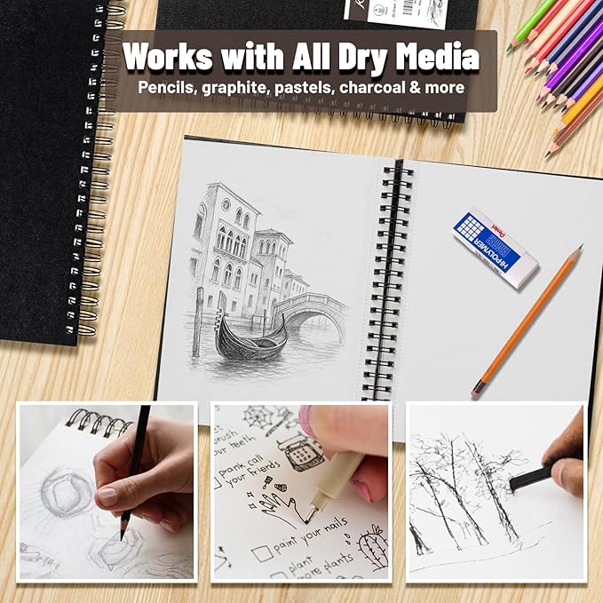 KAKKUE 9" x 12" Hardcover Sketch Book, 160gsm/80 Sheets Thick Sketch Paper Pad for Drawing & Illustration, Spiral Bound Mixed Media Art Sketchbook, Acid-Free Perforated for Artists, Beginners & Kids