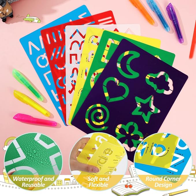 Fuutreo 12 Pieces Preschool Alphabet Tracing Stencil Set for Kids Colorful Letter Tracing Drawing Stencils with 6 Color Highlighter Cute Craft Pattern Paint Boards for Painting Classroom Rewards