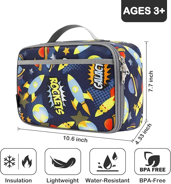 FlowFly Kids Lunch box Insulated Soft Bag Mini Cooler Back to School Thermal Meal Tote Kit for Girls, Boys, Outer Space Rocket Ships in Dark Navy Blue