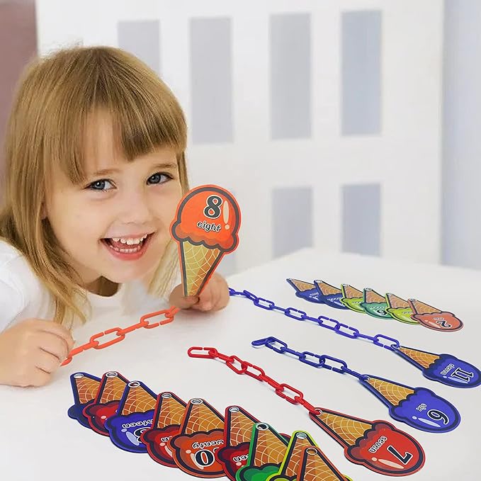 RAINBOW TOYFROG Chain Link Math Manipulatives - 240 C Clips Plastic Chain Links & 20 Ice Cream Cards for Counting & Linked Math Game - Learning Resources for Kindergarten Sensory