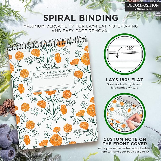 Decomposition Cali Poppies Top Bound Spiral Notebook – 7.5 x 9.75 Journal, College Ruled Lined Pages – Left-Handed Friendly Notebooks Ideal for Students, Artists & Office Professionals – Made in USA