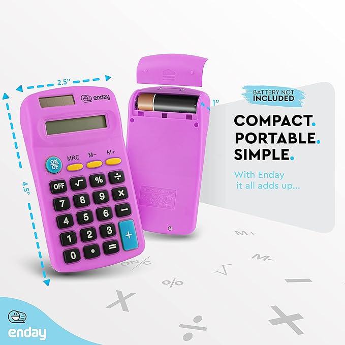 Calculator Purple, Basic Small Solar and Battery Operated, Large Display Four Function, Auto Powered Handheld Calculator School and Kids Available in Green, Red, Blue, Grey, Pink, 1 PK – by Enday