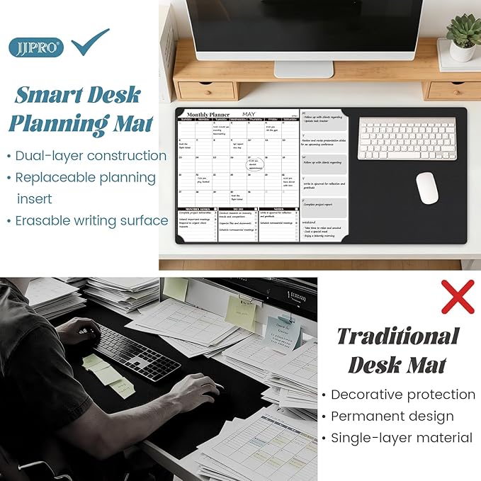 JJPRO Dual-Layer Black Dry Erase Desk Mat,Large Multi-Use Dry Erase Desk Calendar,Dry Erase Desk Pad,Double-Sided Faux Leather Desk Pad,Reusable Large Mouse Pad for Office, Home-16"x34"