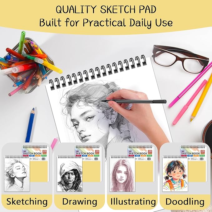 WINNER 9" x 12" Sketch Book 4 Pack, 400 Sheets Spiral Bound Art Sketchbook, 68lb/100gsm White Acid Free Drawing Pad, Sketching Doodling Drawing Writing Sketch Pad, Back to School Art Supplies, Yellow