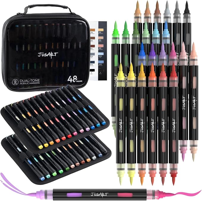 JusArt Acrylic Paint Markers 48 Colors, 24 Dual-Tip Brush Markers, No Bleed