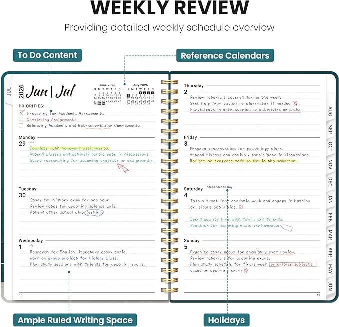 Planner 2026-2027, Academic Planner Weekly and Monthly, Jul 2026 - Jun 2027, Spiral Bound School Planning Tool with Tabs and Pocket, Perfect for Students & Teacher, 6.3" x 8.5", Teal Blooms