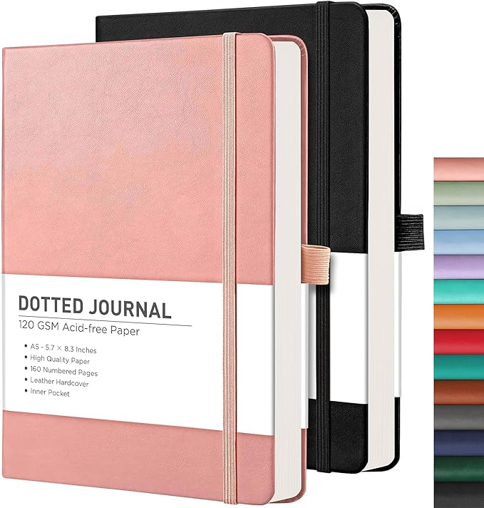 RETTACY Dotted Journal Notebook, 2-Pack, 160 Numbered Pages per Pack, A5 Medium Size (5.7'' x 8.3''), 120 GSM Thick Paper, Leather Hardcover, for Journaling, Planning, Tracking (Black & Pink)