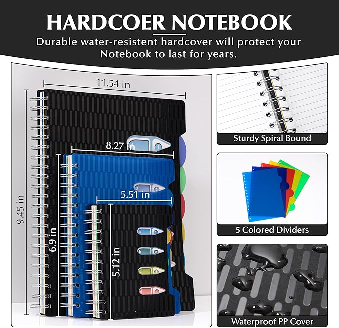 CAGIE 5 Subject Notebook with Dividers 2 Pack, 240 Pages Spiral Notebook 5x7, Small Spiral Notebook College Ruled,100gsm Lined Journal Notebooks with Tabs for Work, School,Office, Note Taking, Black