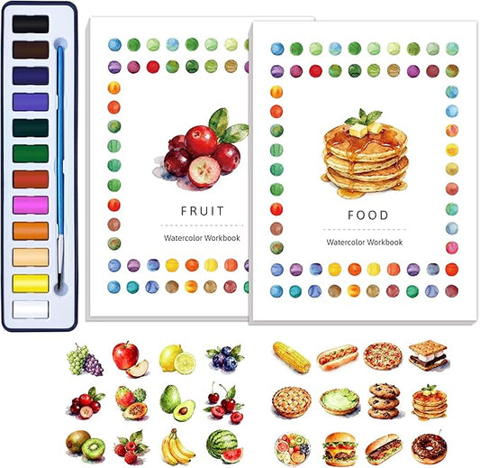 CraftyManor 2Pcs Watercolor Workbook Creative Water Color Paint Book Set with Paints & Brush, 12 Patterns of Original DIY Designs, Beginner-Friendly Adult Coloring Books (F&F)