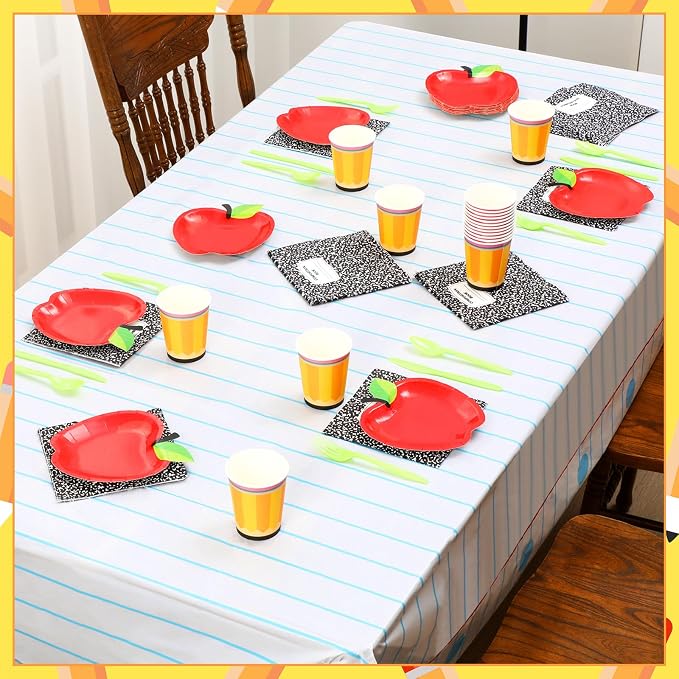 146 Pcs Back to School Decoration First Day of School Party Supply Apple Plate 24 Set Tableware Disposable 2 Notebook Tablecloth for Composition Classroom Decoration Preschool Kindergarten Party