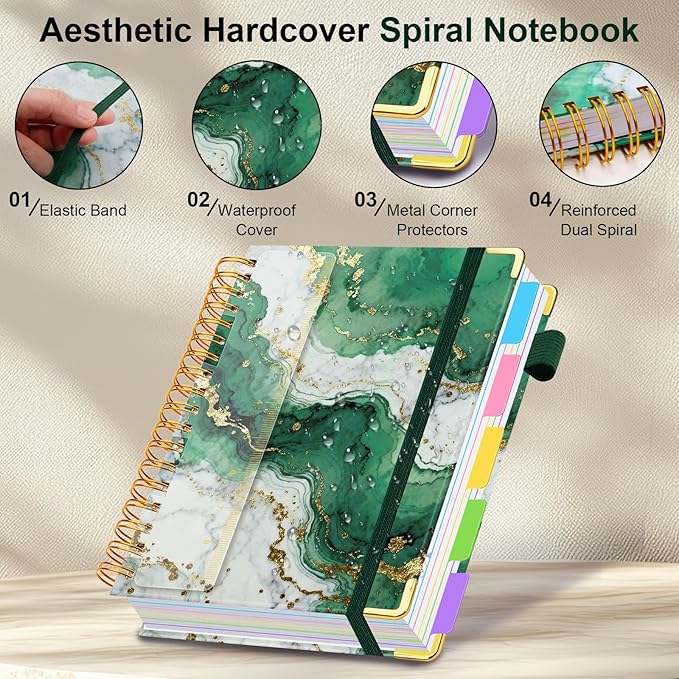 Spiral Journal Notebooks for Work, 300 Pages 5 Subject Notebook College Ruled with Dividers & Tabs, 8''x 10'' Large Notebook Journal for Women Students Note-Taking and Organizer (Teal Luxe Marble)