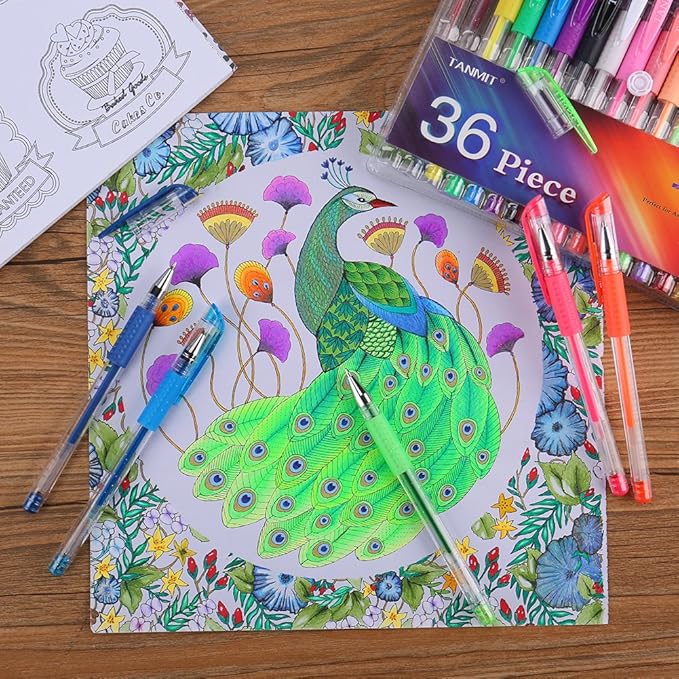 TANMIT 36 Colors Gel Pens Set for Adult Coloring Books, Colored Gel Marker with 40% More Ink, Great for Adult Doodling Scrapbooking Drawing